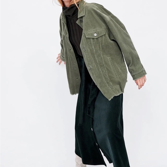 Zara Raw Edge Corduroy Jacket Green Women’s Small - Picture 2 of 3